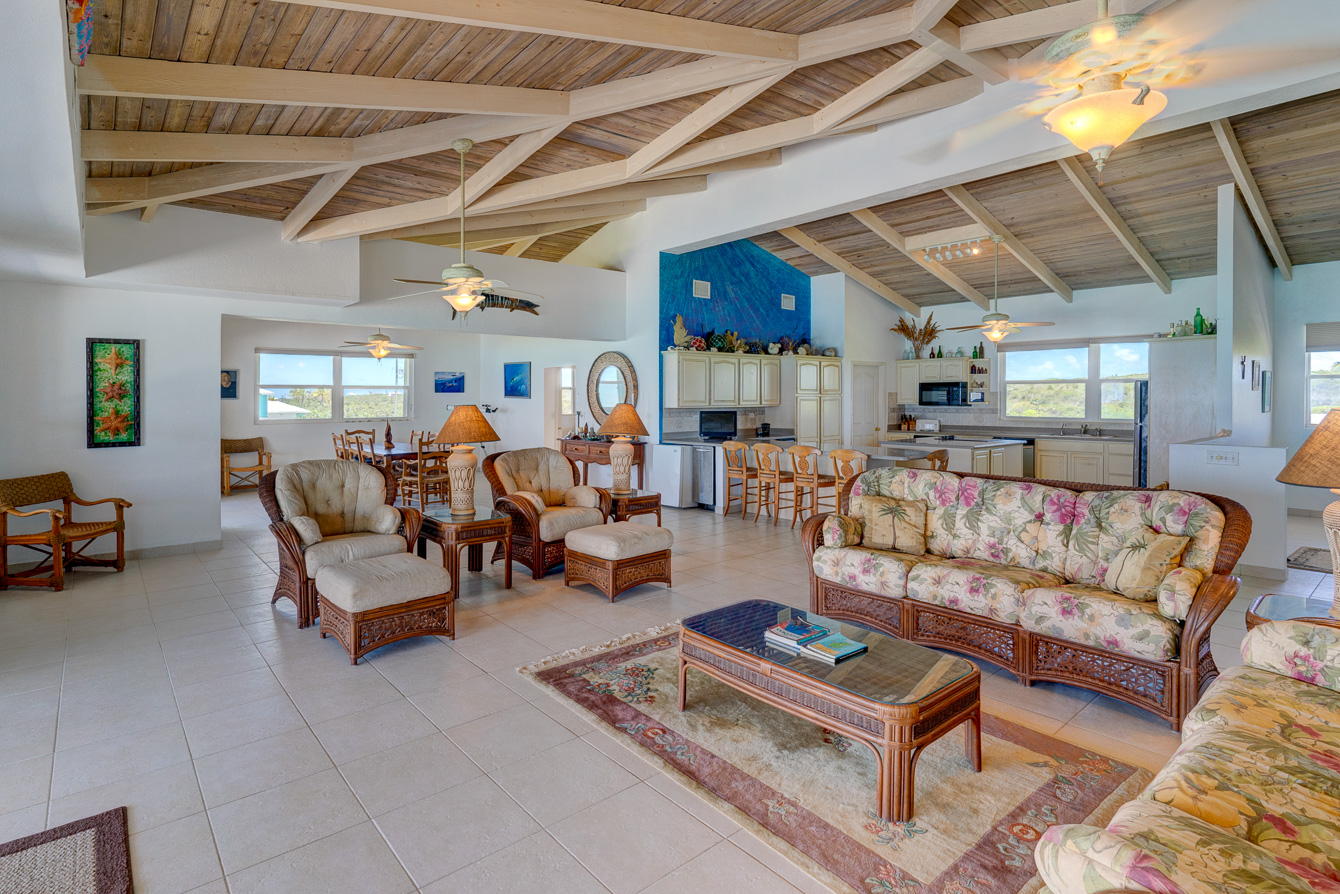 The livingroom at The Family Beach House on San Salvador