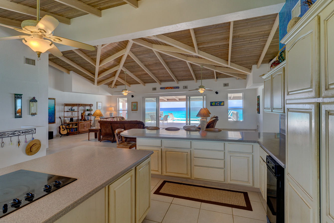 View from he kitchen at The Family Beach House on San Salvador