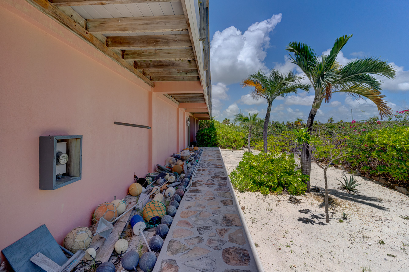 The walkway to the entrance door at The Family Beach House on San Salvador